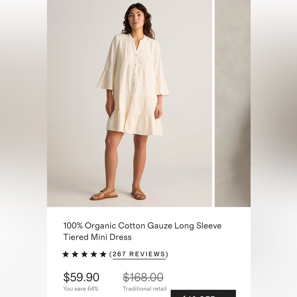 100% Organic Cotton Gauze Tiered Mini Dress in Cream